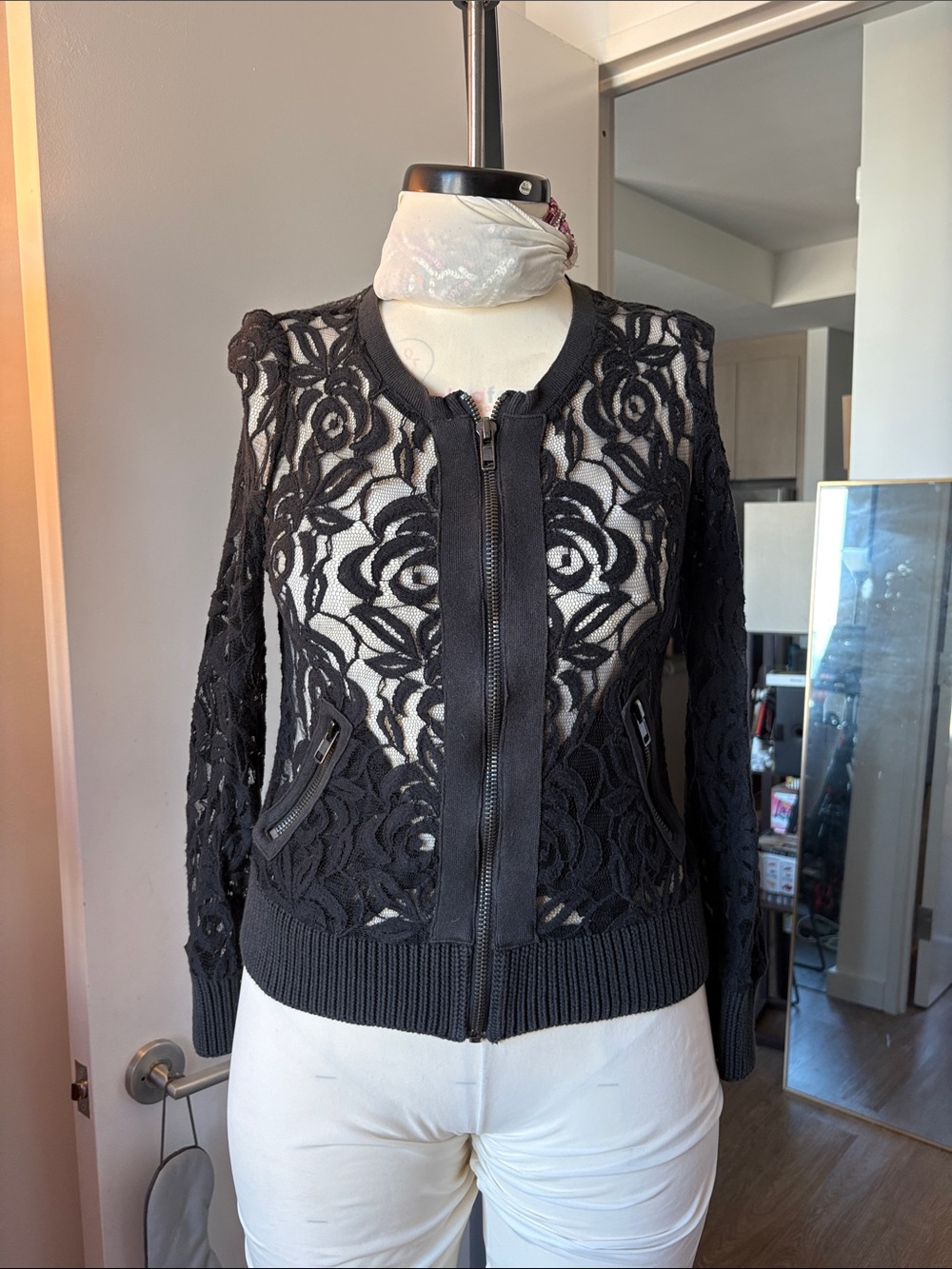 Free People Black Floral Lace Zip Bomber Jacket